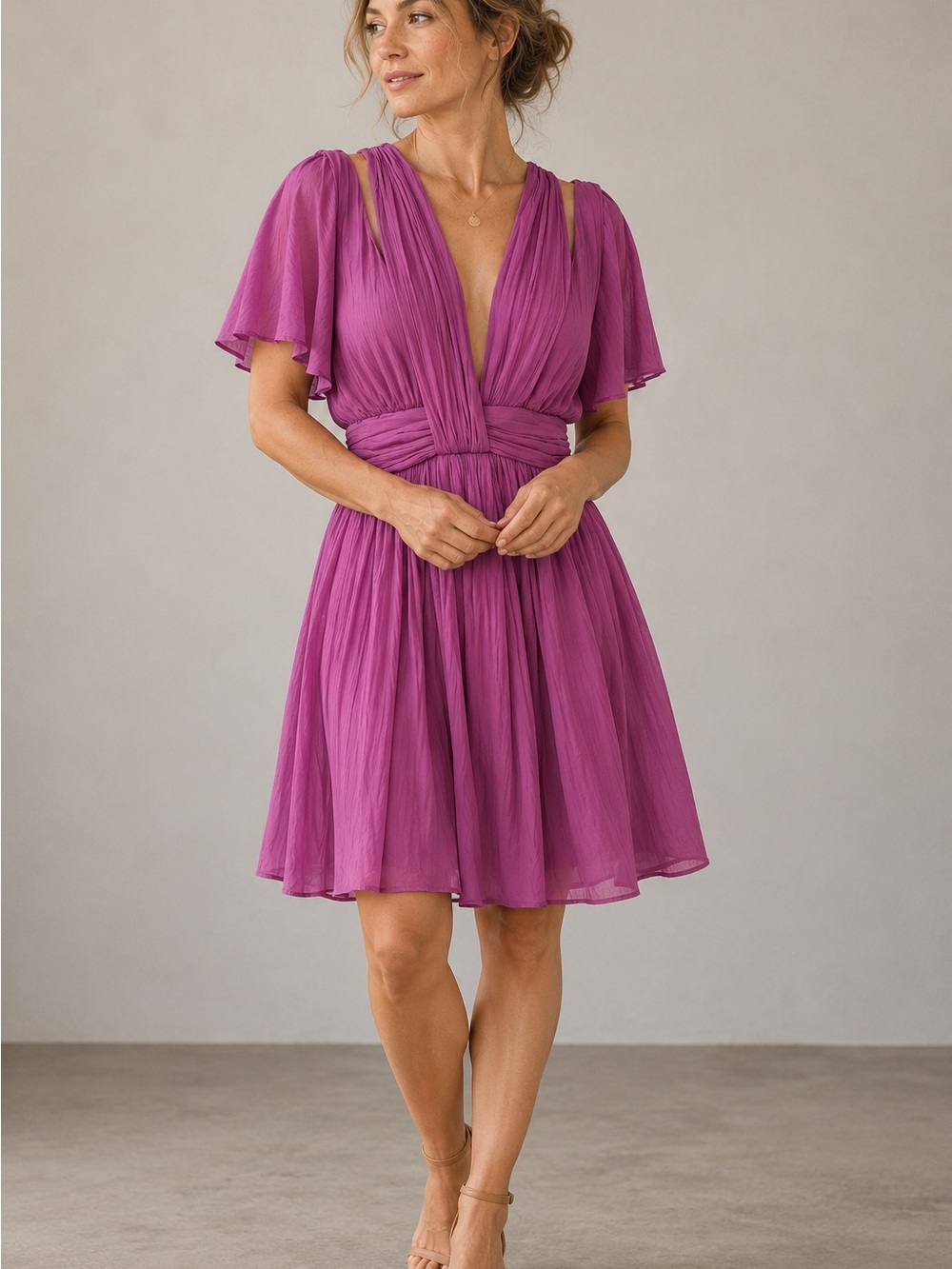 Anthropologie Deep V Flutter-Sleeve Dress in Magenta